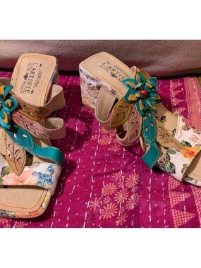 Spring Step L'Artiste Sandals Sz 6.5-7 Multicolor Izetru Slides Leather Floral